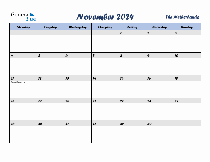 November 2024 Calendar with Holidays in The Netherlands