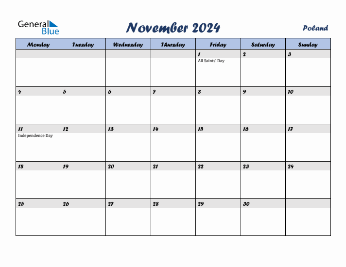 November 2024 Calendar with Holidays in Poland