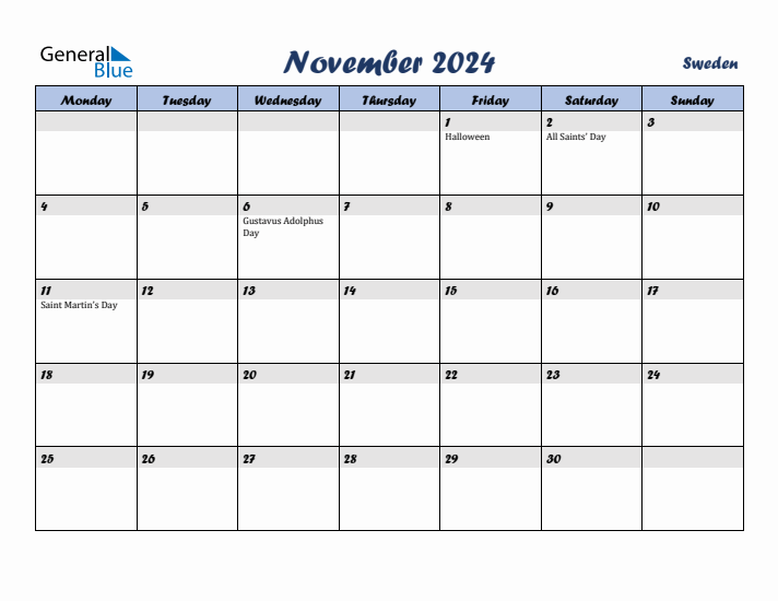 November 2024 Calendar with Holidays in Sweden