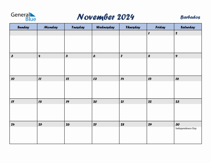 November 2024 Calendar with Holidays in Barbados