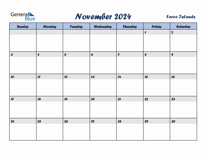 November 2024 Calendar with Holidays in Faroe Islands