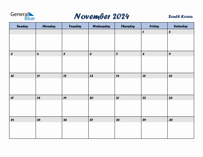 November 2024 Calendar with Holidays in South Korea