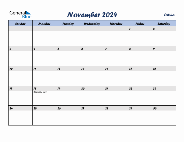 November 2024 Calendar with Holidays in Latvia