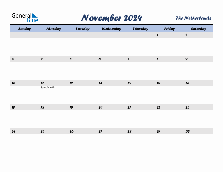 November 2024 Calendar with Holidays in The Netherlands