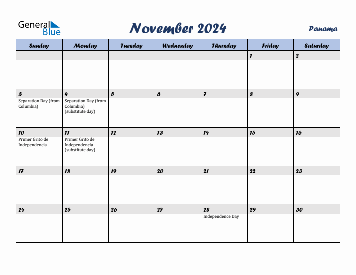 November 2024 Calendar with Holidays in Panama