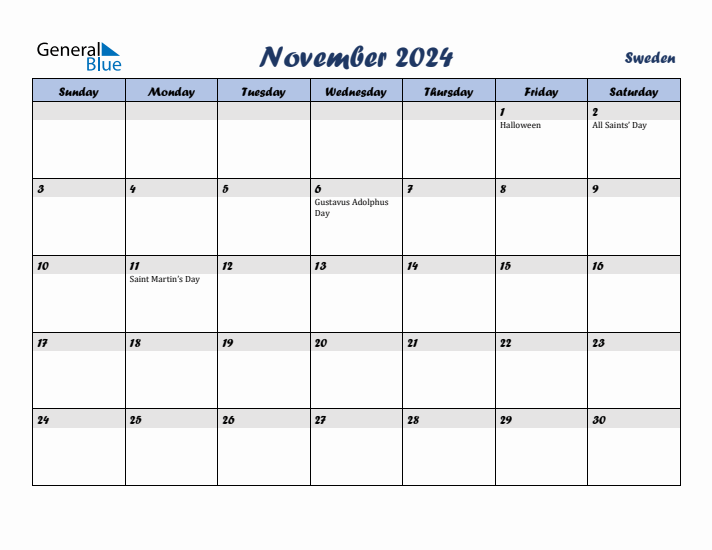 November 2024 Calendar with Holidays in Sweden