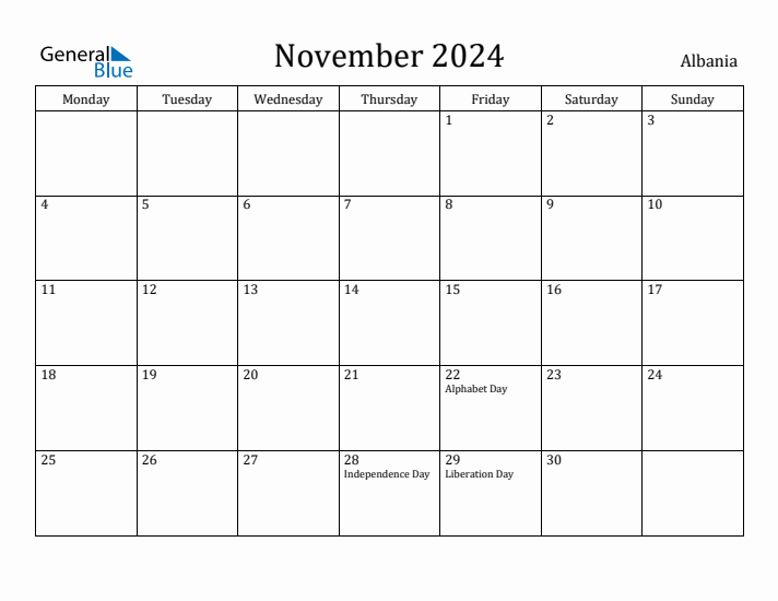 November 2024 Calendar Albania