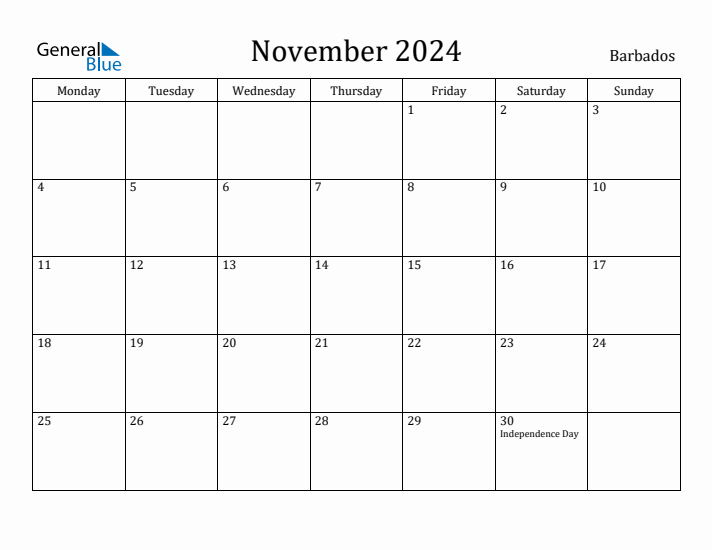 November 2024 Calendar Barbados