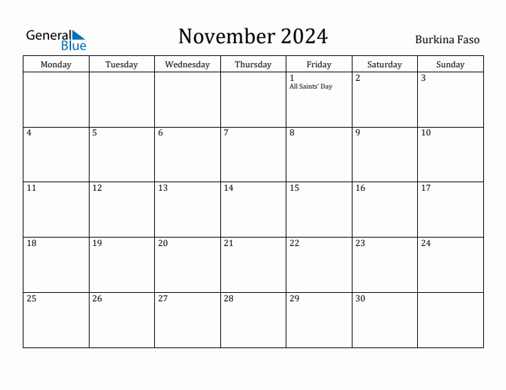 November 2024 Calendar Burkina Faso