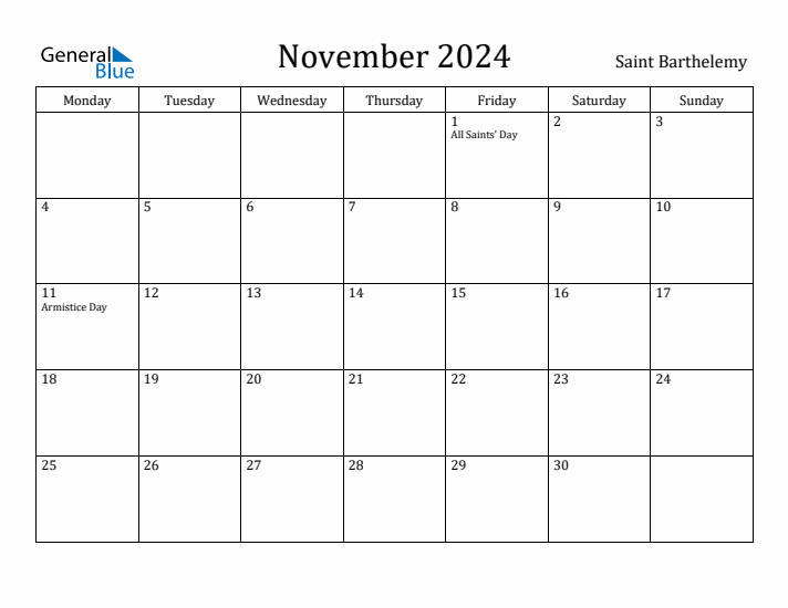 November 2024 Calendar Saint Barthelemy