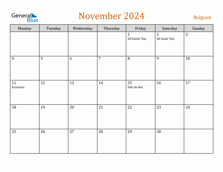 November 2024 Holiday Calendar with Monday Start