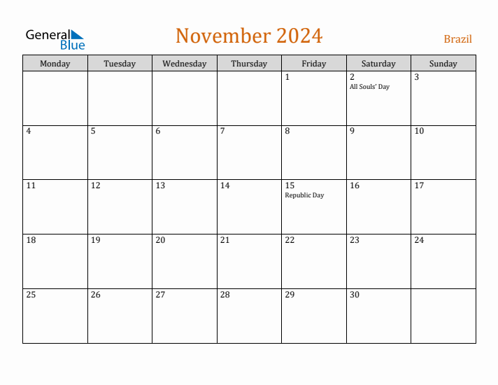 November 2024 Holiday Calendar with Monday Start