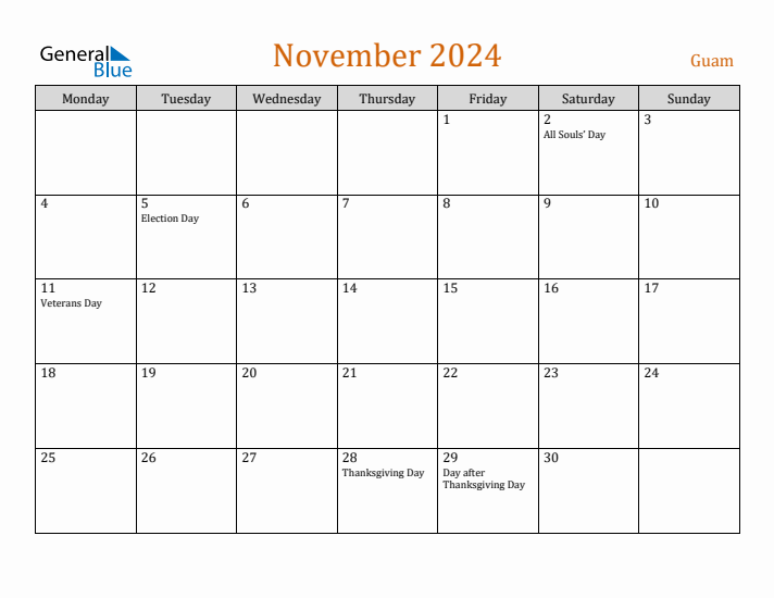 November 2024 Holiday Calendar with Monday Start