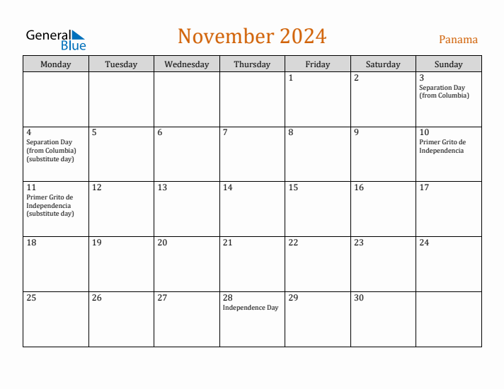 November 2024 Holiday Calendar with Monday Start