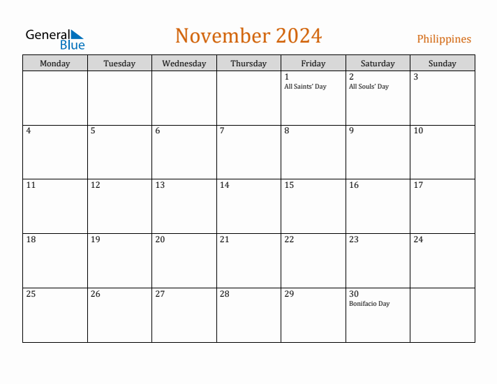 November 2024 Holiday Calendar with Monday Start