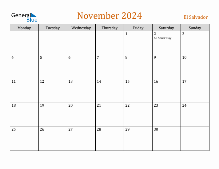 November 2024 Holiday Calendar with Monday Start