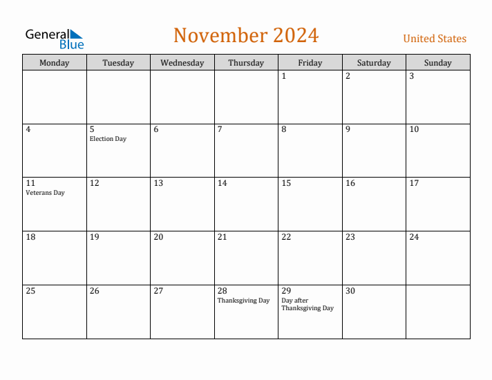 November 2024 Holiday Calendar with Monday Start