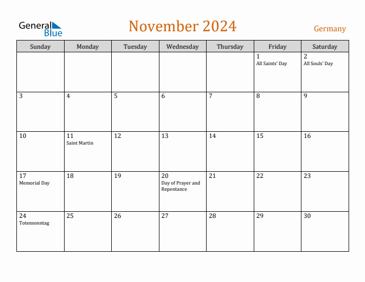 November 2024 Holiday Calendar with Sunday Start