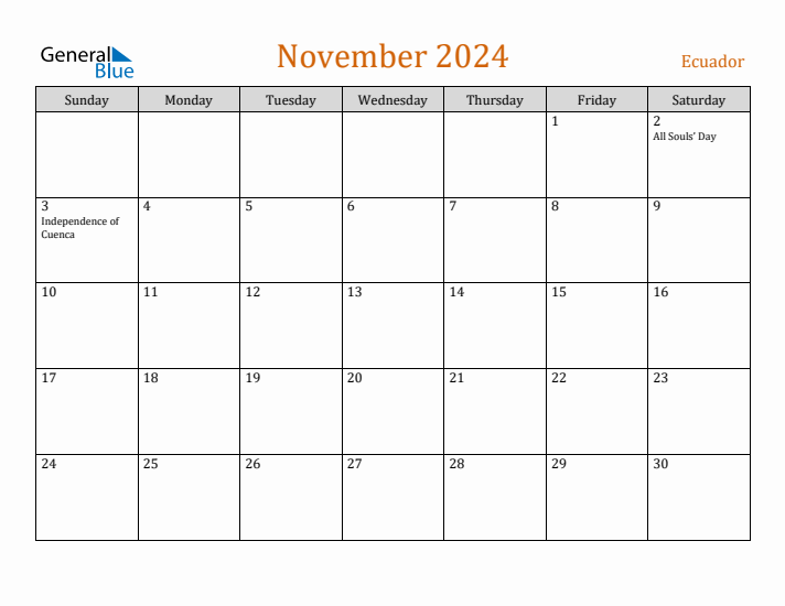 November 2024 Holiday Calendar with Sunday Start