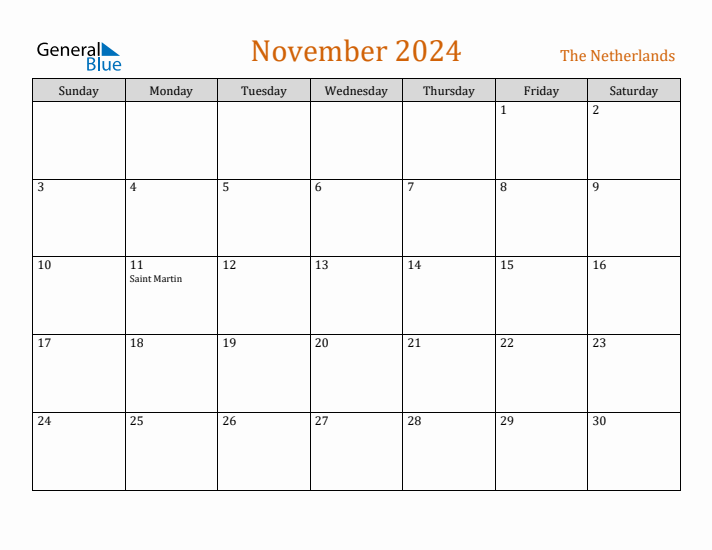 November 2024 Holiday Calendar with Sunday Start