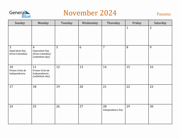 November 2024 Holiday Calendar with Sunday Start