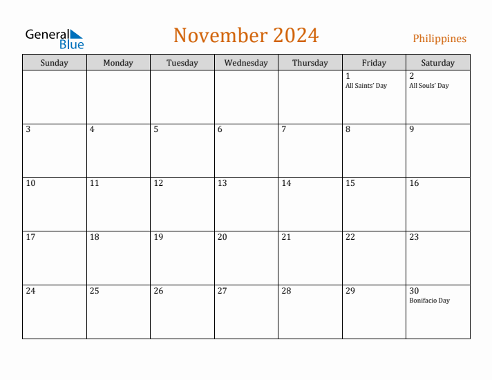 November 2024 Holiday Calendar with Sunday Start