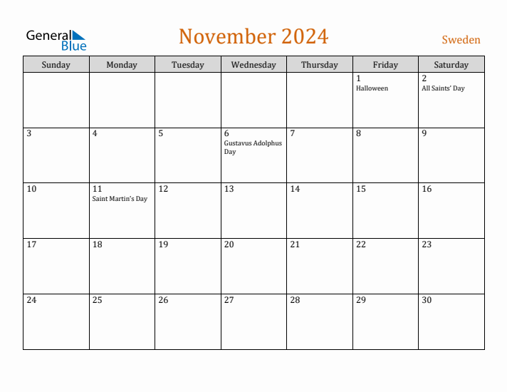 November 2024 Holiday Calendar with Sunday Start