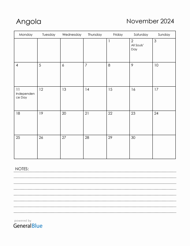 November 2024 Angola Calendar with Holidays (Monday Start)