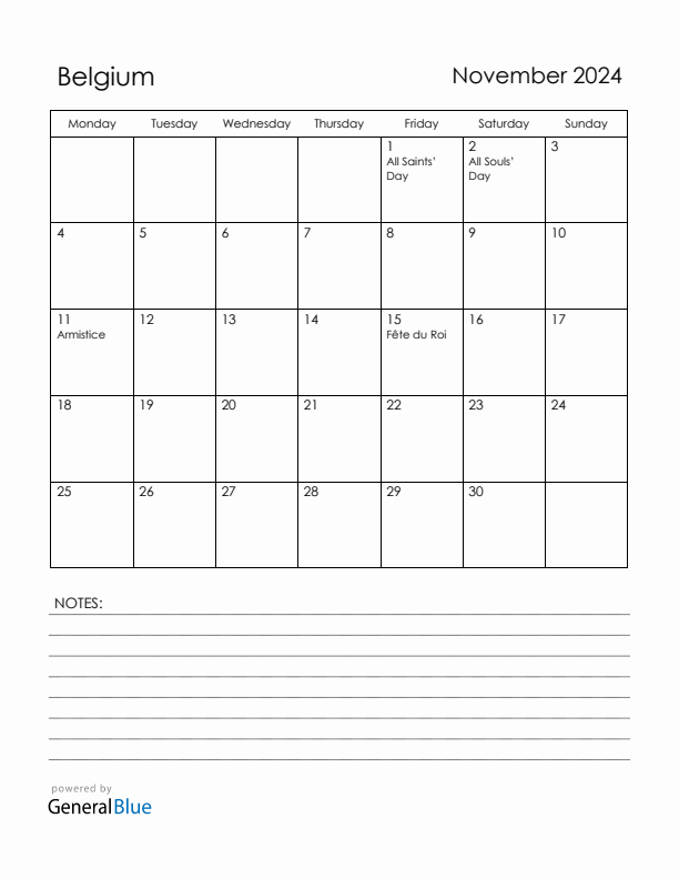 November 2024 Belgium Calendar with Holidays (Monday Start)