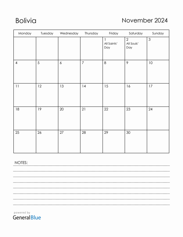 November 2024 Bolivia Calendar with Holidays (Monday Start)