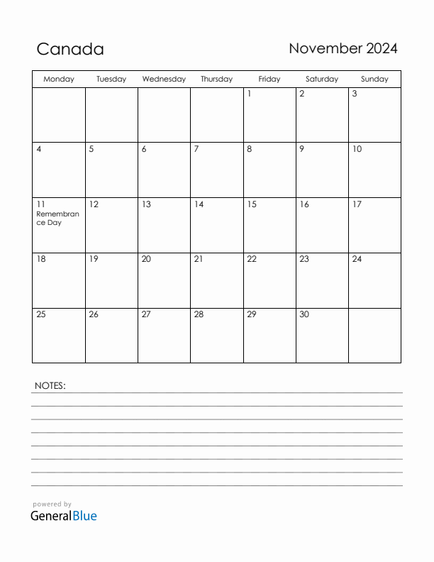 November 2024 Canada Calendar with Holidays (Monday Start)