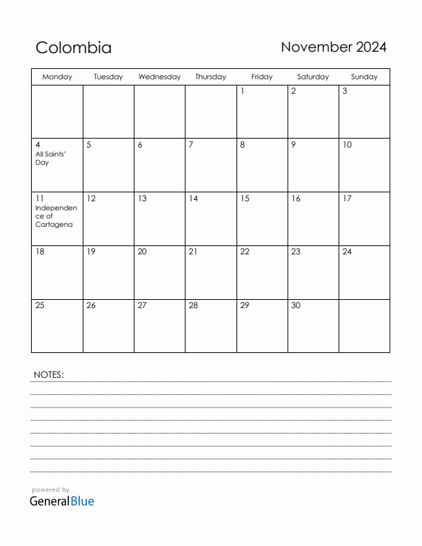 November 2024 Colombia Calendar with Holidays (Monday Start)