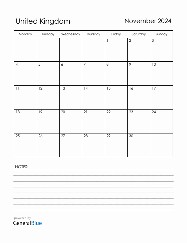 November 2024 United Kingdom Calendar with Holidays (Monday Start)