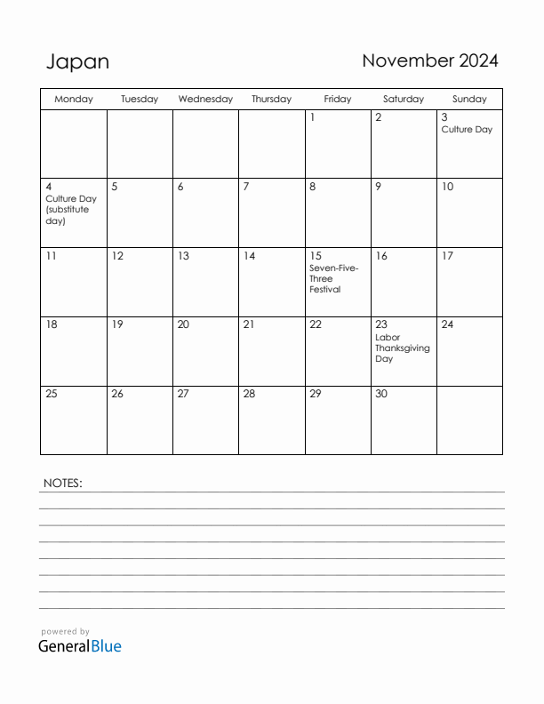November 2024 Japan Calendar with Holidays (Monday Start)