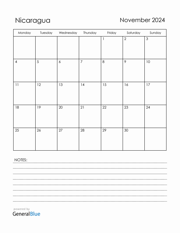 November 2024 Nicaragua Calendar with Holidays (Monday Start)