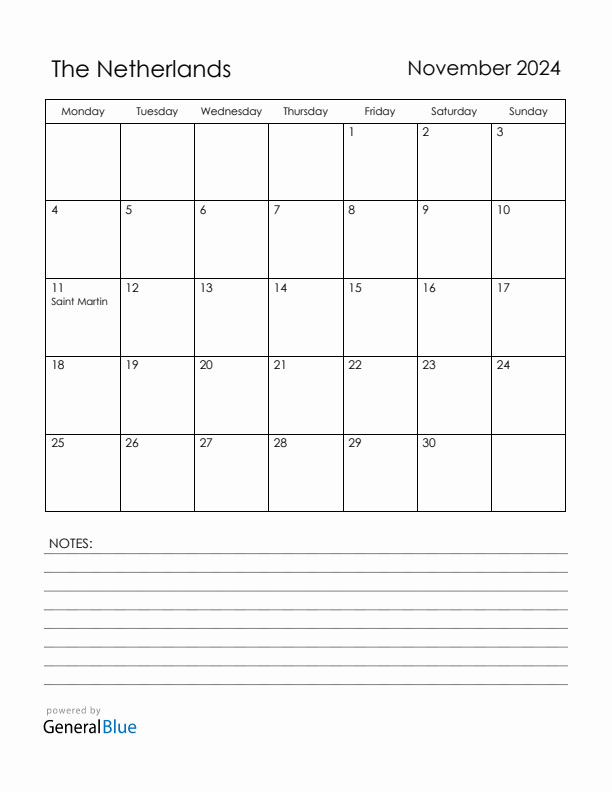 November 2024 The Netherlands Calendar with Holidays (Monday Start)