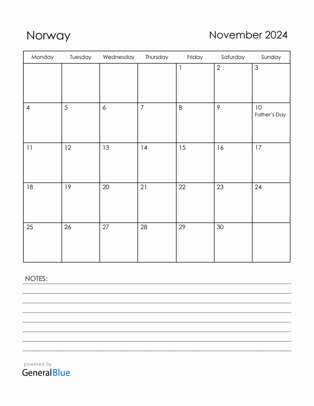 November 2024 Norway Calendar with Holidays (Monday Start)