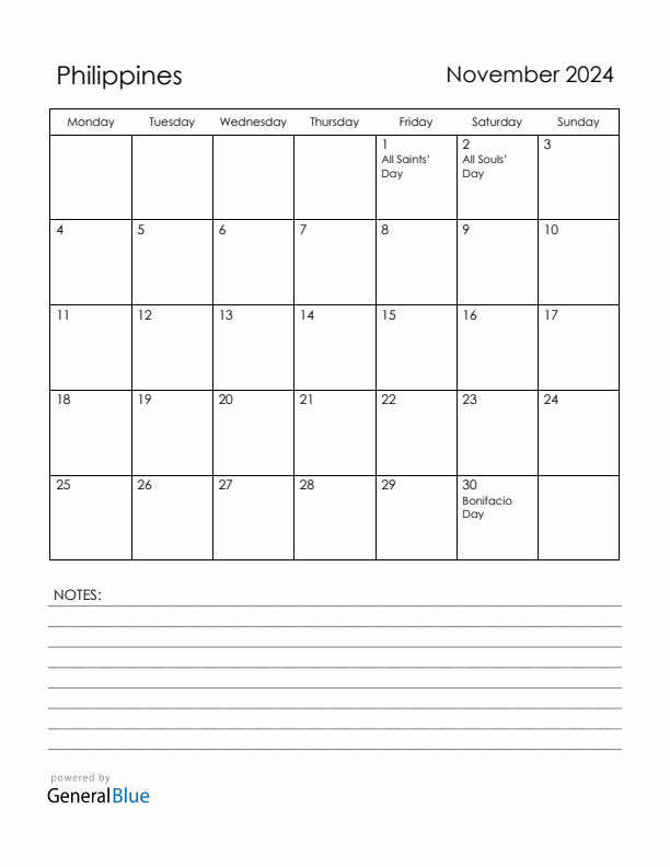 November 2024 Philippines Calendar with Holidays (Monday Start)