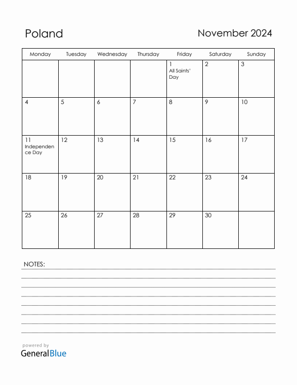 November 2024 Poland Calendar with Holidays (Monday Start)