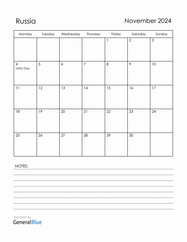 November 2024 Russia Calendar with Holidays (Monday Start)