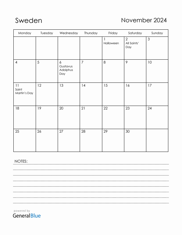 November 2024 Sweden Calendar with Holidays (Monday Start)