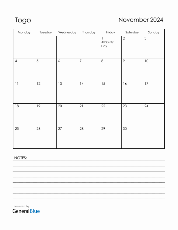 November 2024 Togo Calendar with Holidays (Monday Start)