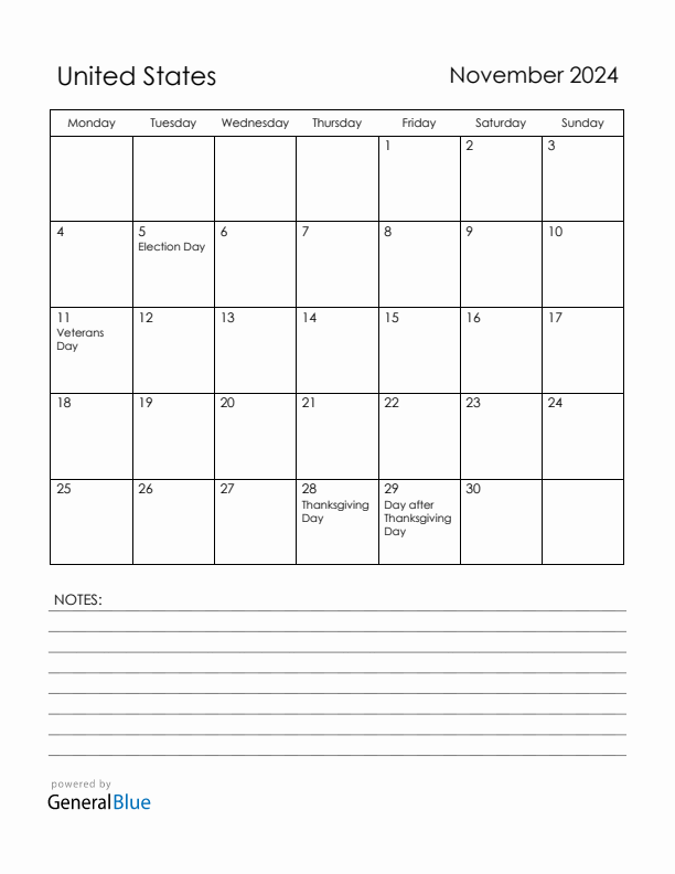 November 2024 United States Calendar with Holidays (Monday Start)