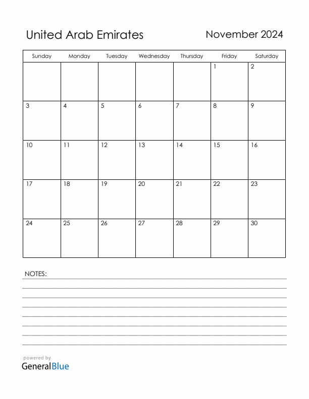 November 2024 United Arab Emirates Calendar with Holidays (Sunday Start)