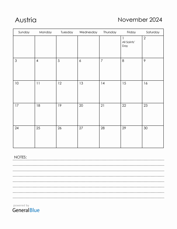 November 2024 Austria Calendar with Holidays (Sunday Start)