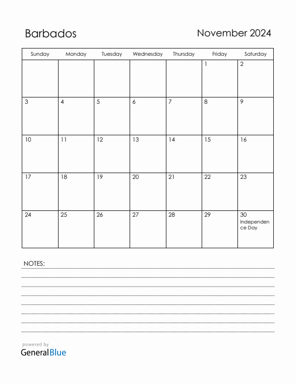 November 2024 Barbados Calendar with Holidays (Sunday Start)