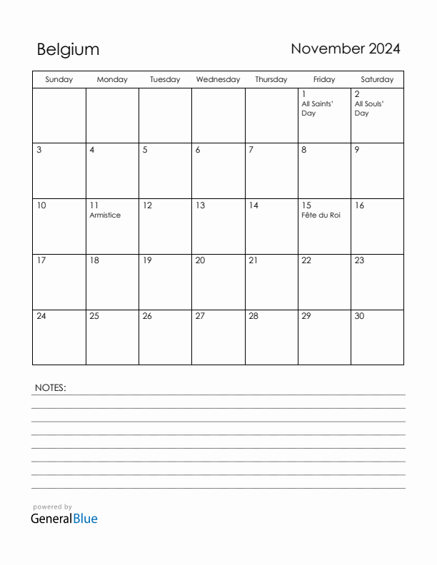 November 2024 Belgium Calendar with Holidays (Sunday Start)
