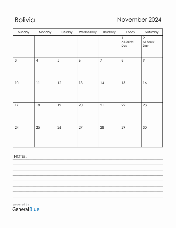 November 2024 Bolivia Calendar with Holidays (Sunday Start)