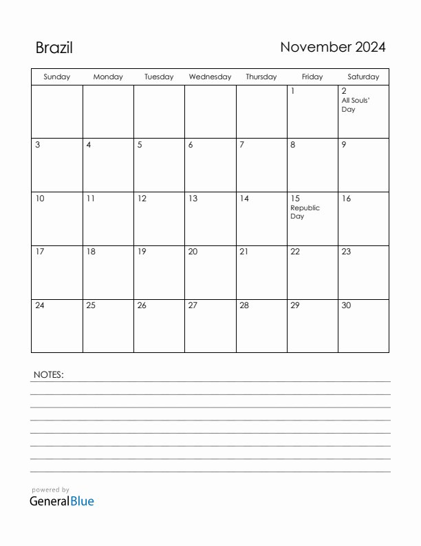 November 2024 Brazil Calendar with Holidays (Sunday Start)