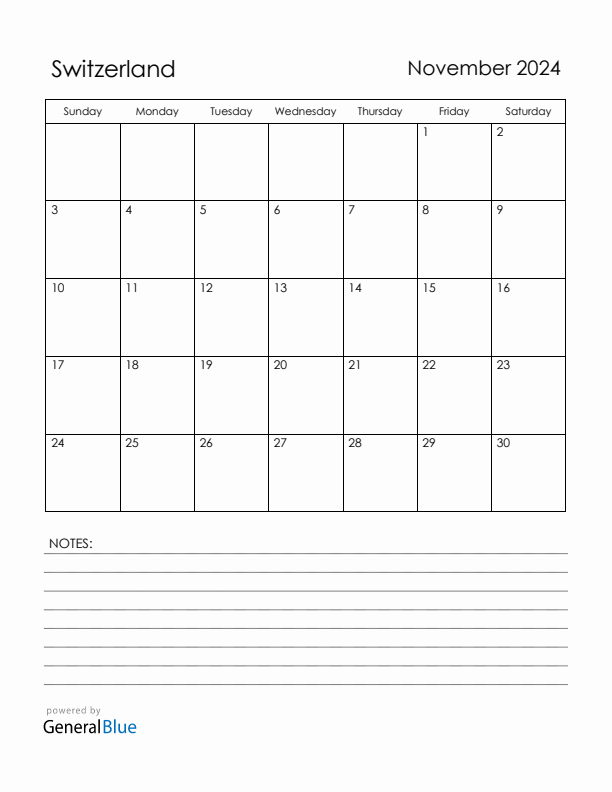 November 2024 Switzerland Calendar with Holidays (Sunday Start)